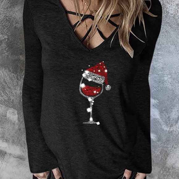 Christmas Santa Hat Wine Glass Criss Cross Vneck Shirt - Picture 7 of 8